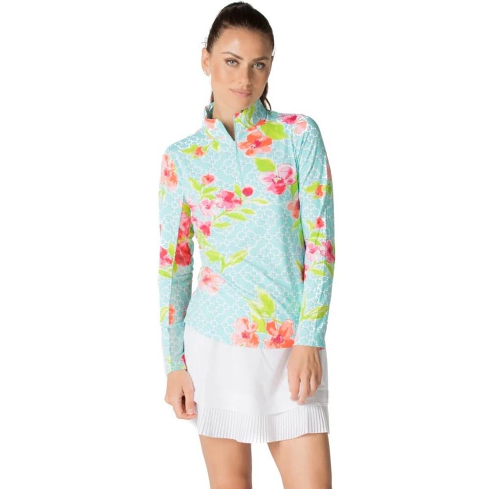IBKÜL Aqua Blue & Pink Floral Print Quarter Zip Long Sleeve Sun Shirt